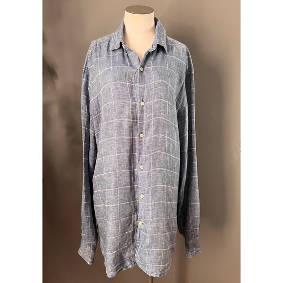 Saks Fifth Avenue Mens Blue Linen Slim Fit Plaid Button Down Shirt Size Large - Picture 1 of 6